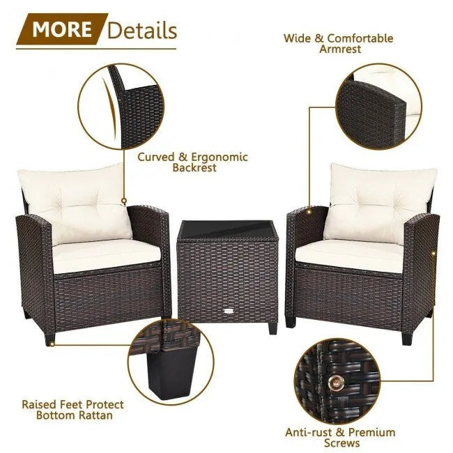 Set da 3 Pezzi di Mobili da Giardino in Rattan con Cuscini Lavabili - Sedia: 26,5 x 26,5 x 30