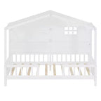 Letto a capanna per bambini con scaffali e sponde, Struttura letto in legno stile Montessori per bambini con finestra e striscia luminosa scintillante