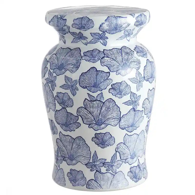 Sgabello da Giardino in Ceramica Papaveri 17,7, Bianco/Blu di JONATHAN Y