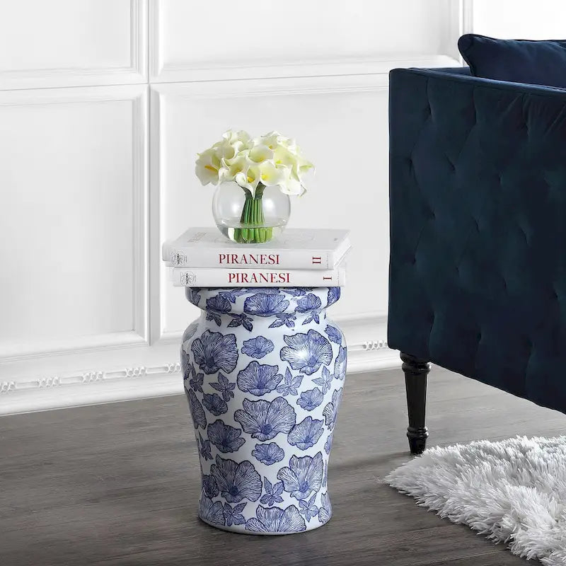 Poppies 17.7 Ceramic Garden Stool, White/Blue by JONATHAN Y