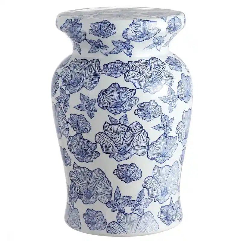 Sgabello da Giardino in Ceramica Papaveri 17,7, Bianco/Blu di JONATHAN Y