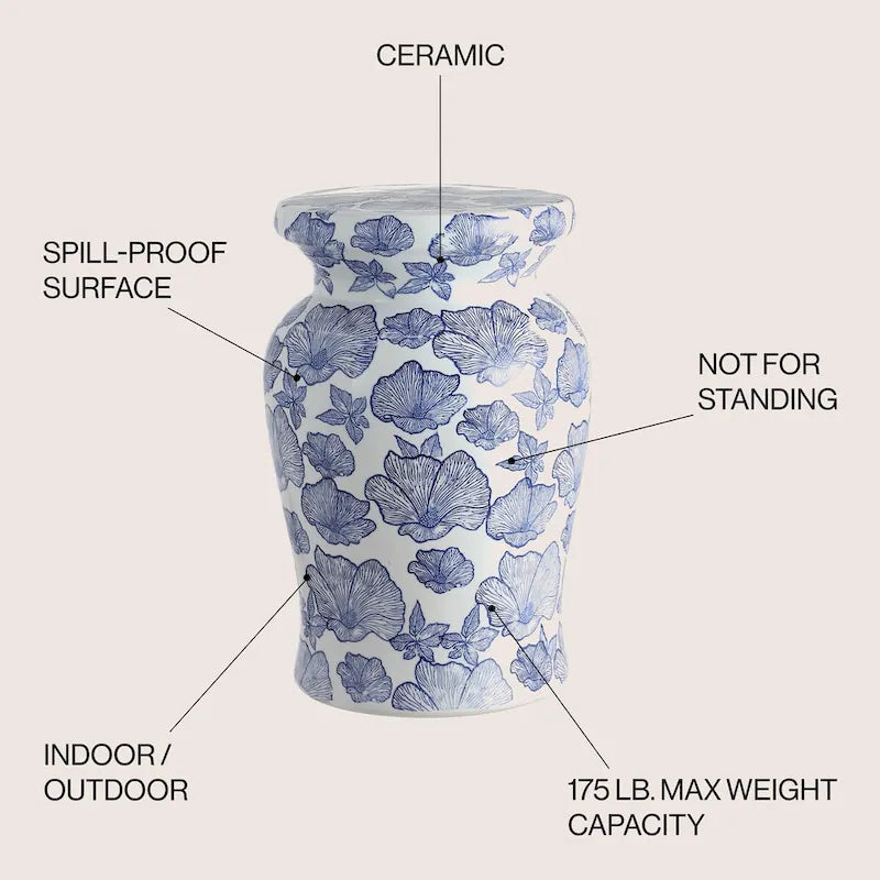 Sgabello da Giardino in Ceramica Papaveri 17,7, Bianco/Blu di JONATHAN Y