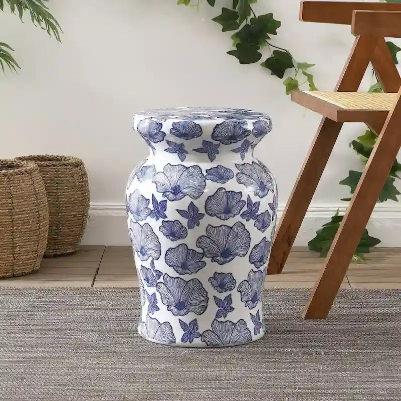 Sgabello da Giardino in Ceramica Papaveri 17,7, Bianco/Blu di JONATHAN Y