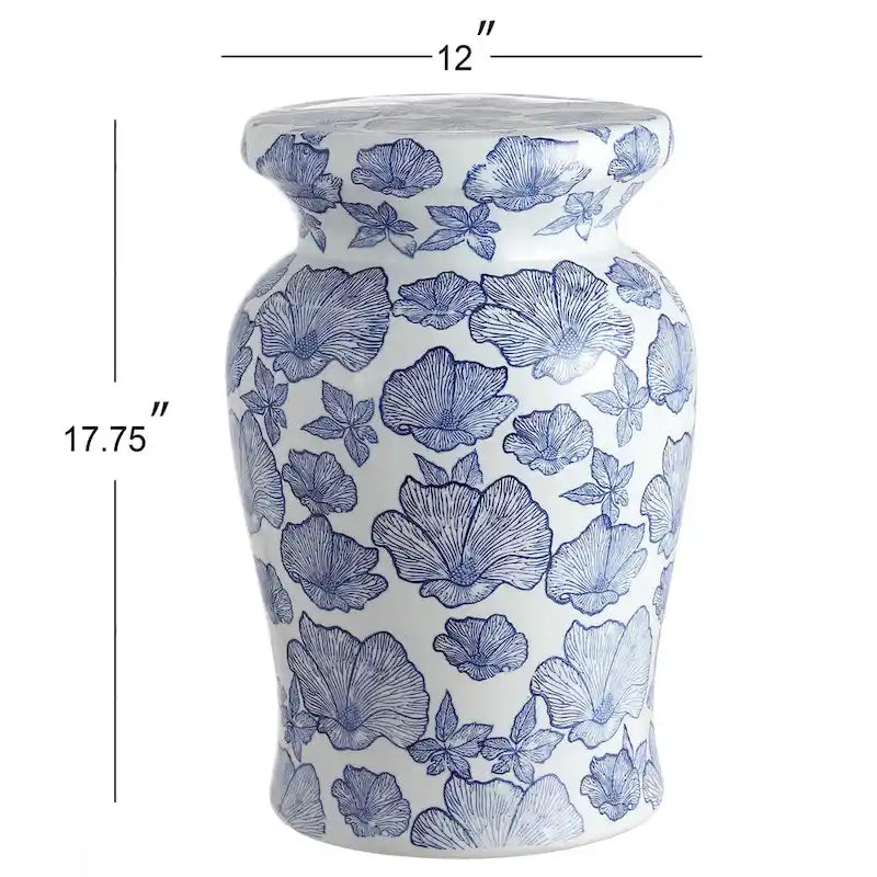 Sgabello da Giardino in Ceramica Papaveri 17,7, Bianco/Blu di JONATHAN Y