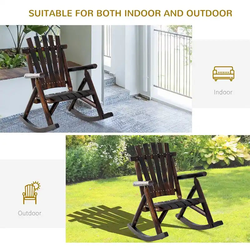 Sedia a dondolo da esterno in legno Outsunny, sedia a dondolo rustica Adirondack