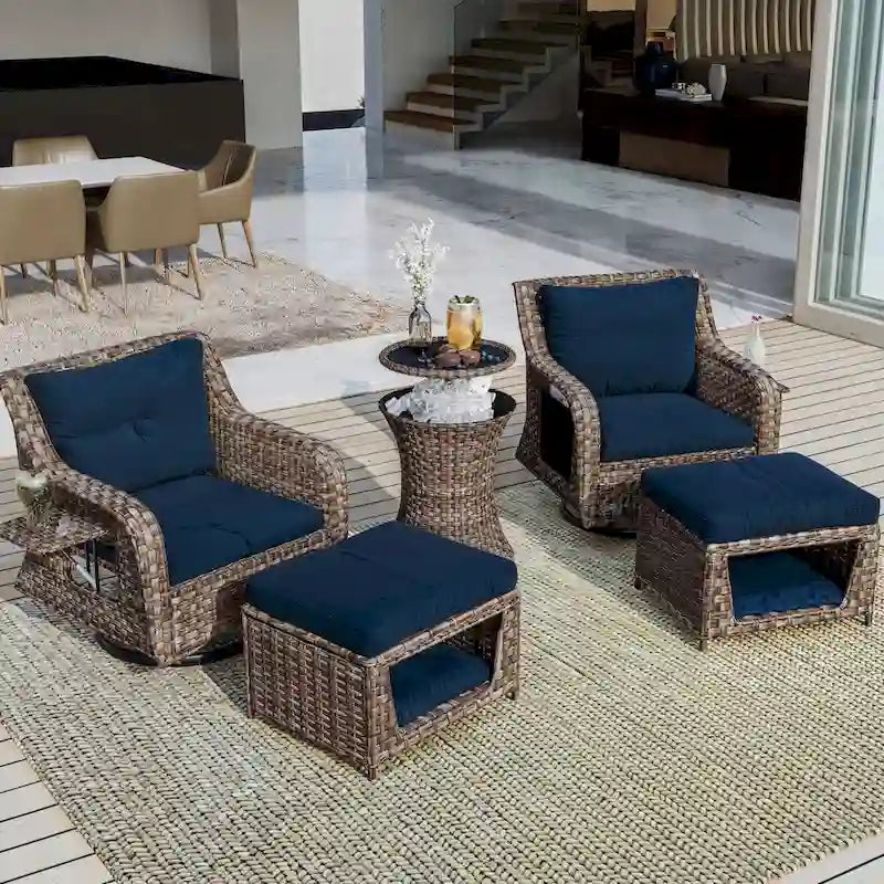 Set di 5 Pezzi di Sedie a Dondolo da Esterno in Vimini con Tavolo Bar Refrigerante e Cuccia per Animali Domestici
