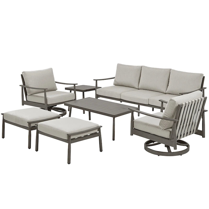 Ensemble de conversation d'extérieur 7 pièces en aluminium, canapé 3 places avec poufs, 2 fauteuils pivotants et table basse