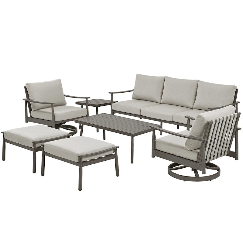 7-Piece Aluminum Patio Conversation Set, 3-Seat Outdoor Couch with Ottomans , 2 Swivel Chairsand Coffee Table