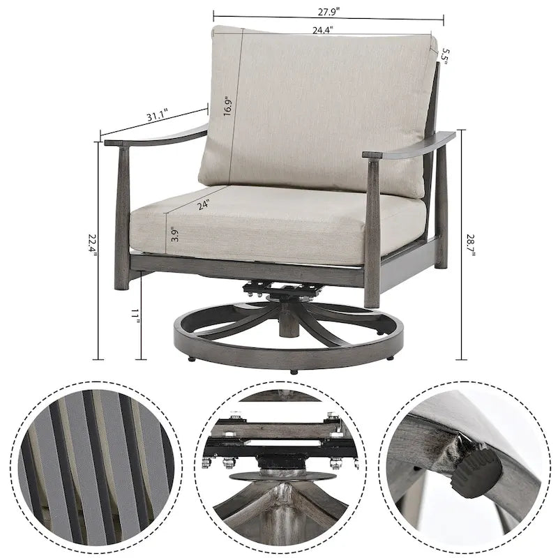 Ensemble de conversation d'extérieur 7 pièces en aluminium, canapé 3 places avec poufs, 2 fauteuils pivotants et table basse