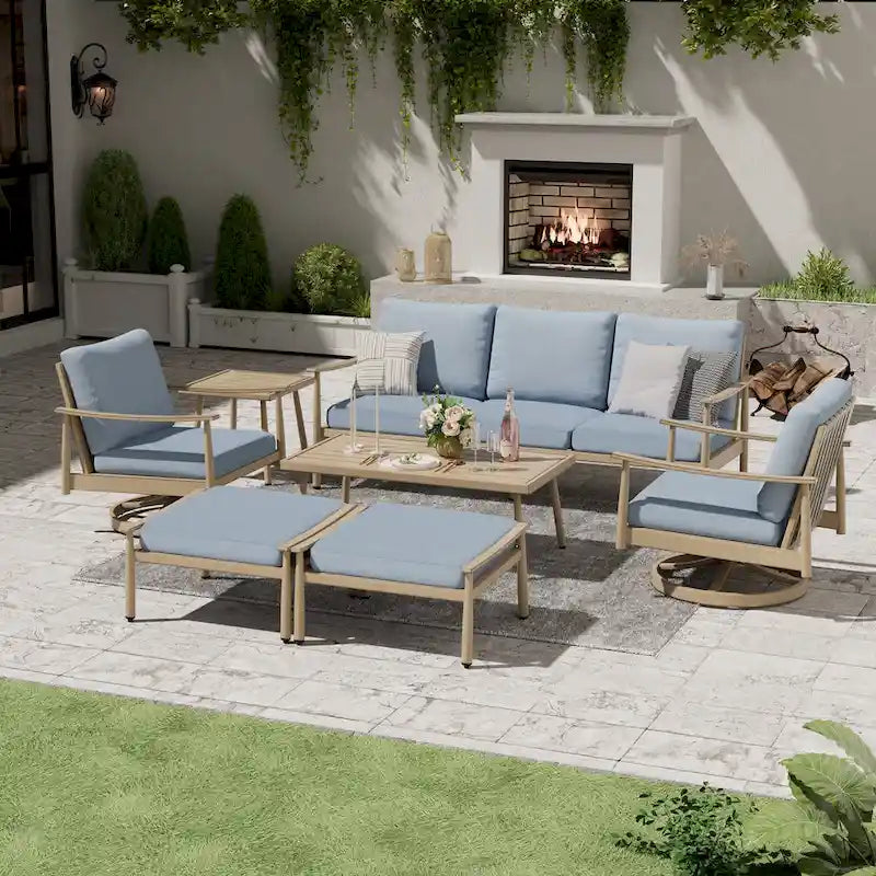 Ensemble de conversation d'extérieur 7 pièces en aluminium, canapé 3 places avec poufs, 2 fauteuils pivotants et table basse