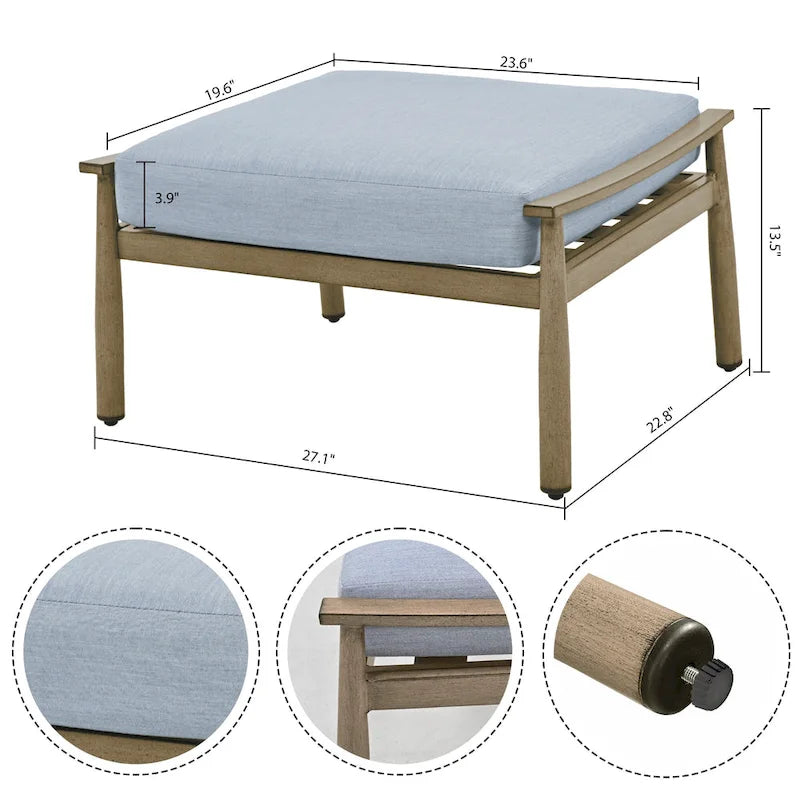 Ensemble de conversation d'extérieur 7 pièces en aluminium, canapé 3 places avec poufs, 2 fauteuils pivotants et table basse