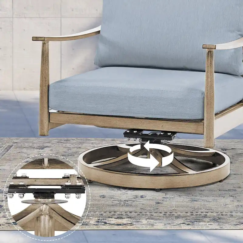 Ensemble de conversation d'extérieur 7 pièces en aluminium, canapé 3 places avec poufs, 2 fauteuils pivotants et table basse