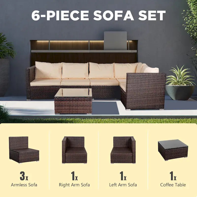 Set da 6 mobili da esterno in rattan per conversazione per patio, cortile, bordo piscina