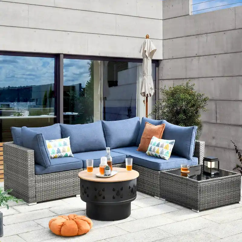 XIZZI 6-piece Outdoor Wicker Furniture Sectional Set with Wood Burning Firepit