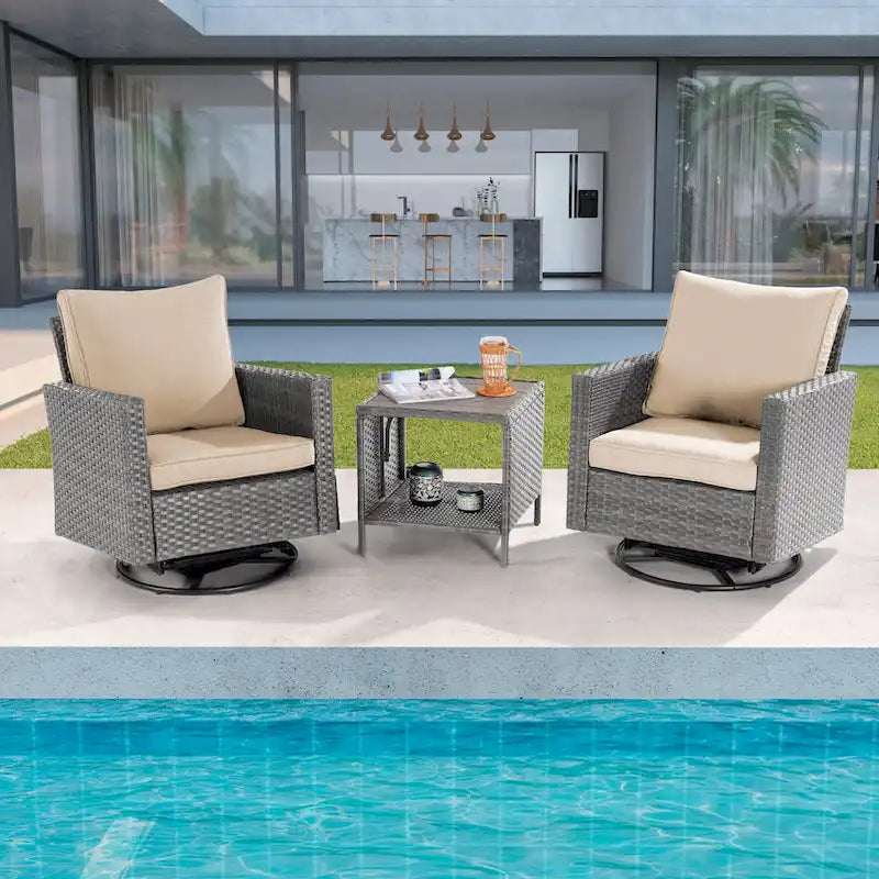 BONOSUKI 3Pcs Patio Swivel Rocking Sofa Set Grey Rattan w/Side Table