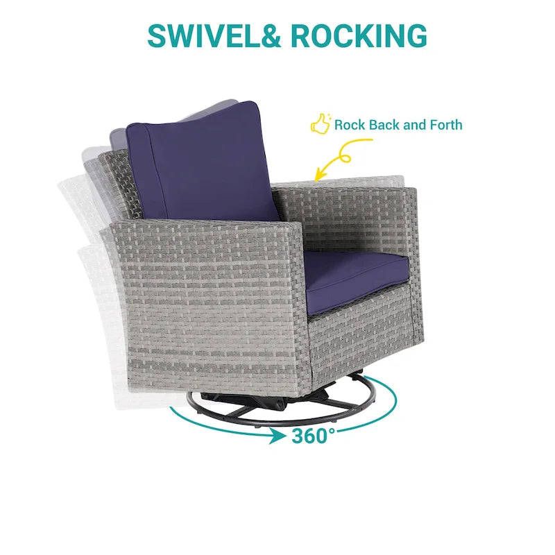 BONOSUKI Set divano a dondolo girevole da patio in 3 pezzi in rattan grigio con tavolino laterale