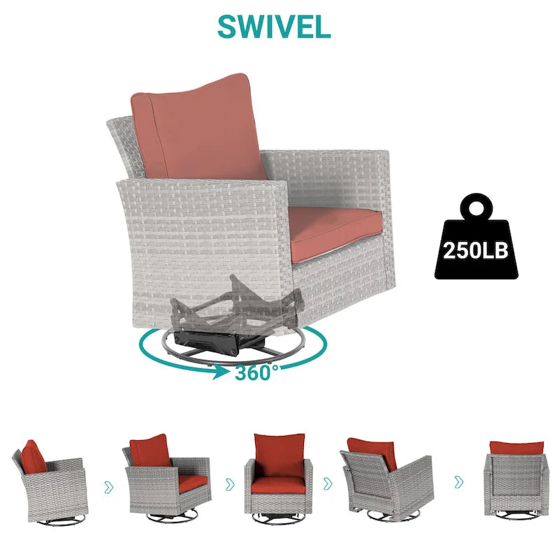 BONOSUKI Set divano a dondolo girevole da patio in 3 pezzi in rattan grigio con tavolino laterale