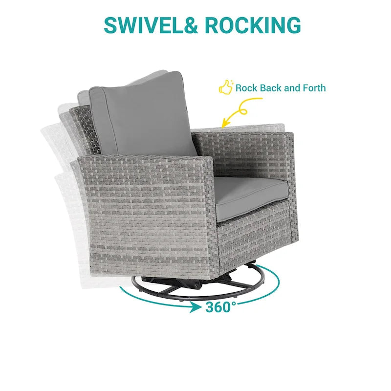 BONOSUKI Set divano a dondolo girevole da patio in 3 pezzi in rattan grigio con tavolino laterale