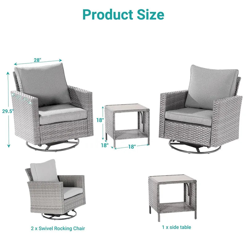 BONOSUKI Set divano a dondolo girevole da patio in 3 pezzi in rattan grigio con tavolino laterale