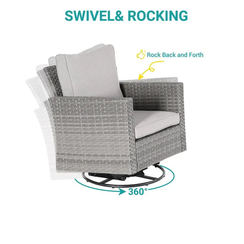 BONOSUKI Set divano a dondolo girevole da patio in 3 pezzi in rattan grigio con tavolino laterale