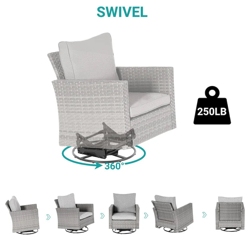 BONOSUKI Set divano a dondolo girevole da patio in 3 pezzi in rattan grigio con tavolino laterale