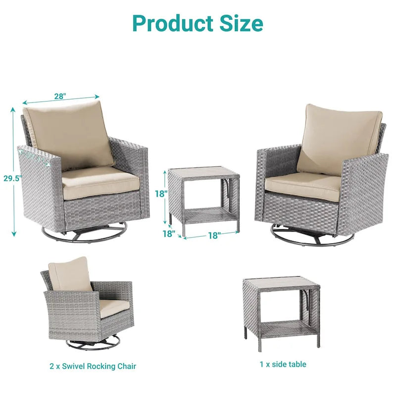 BONOSUKI Set divano a dondolo girevole da patio in 3 pezzi in rattan grigio con tavolino laterale
