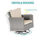 BONOSUKI Set divano a dondolo girevole da patio in 3 pezzi in rattan grigio con tavolino laterale