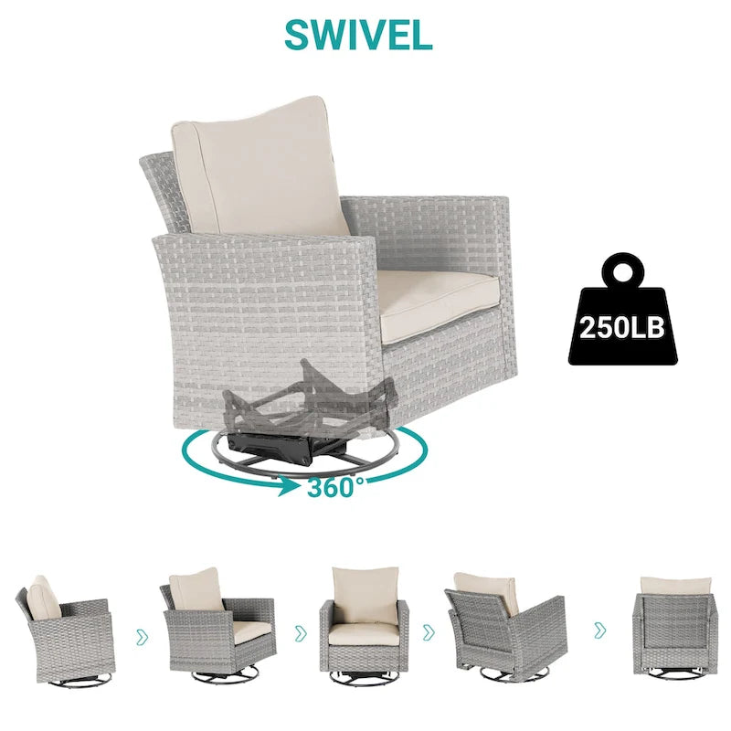 BONOSUKI Set divano a dondolo girevole da patio in 3 pezzi in rattan grigio con tavolino laterale