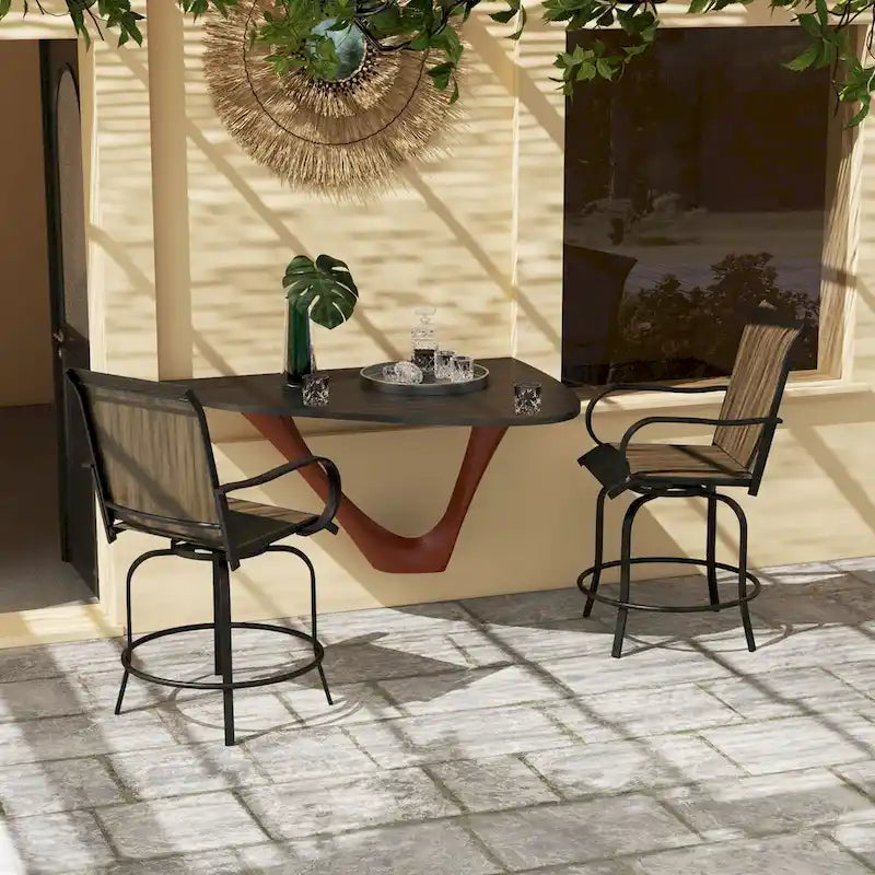 Tabourets de bar d'extérieur avec accoudoirs, lot de 2 chaises de patio pivotantes à 360° à hauteur de bar avec tissu maillé haute densité, chaises de salle à manger en acier