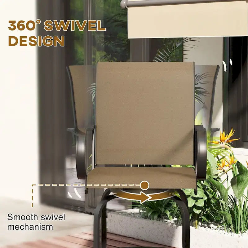 Tabourets de bar d'extérieur avec accoudoirs, lot de 2 chaises de patio pivotantes à 360° à hauteur de bar avec tissu maillé haute densité, chaises de salle à manger en acier