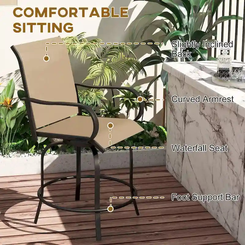 Tabourets de bar d'extérieur avec accoudoirs, lot de 2 chaises de patio pivotantes à 360° à hauteur de bar avec tissu maillé haute densité, chaises de salle à manger en acier