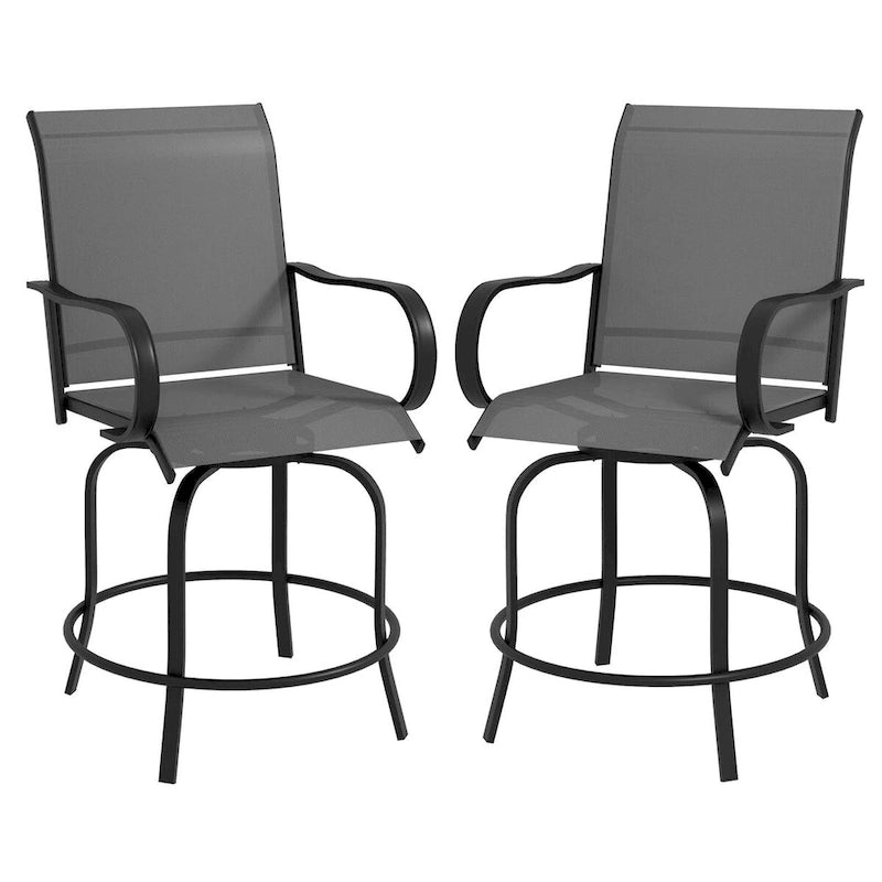 Tabourets de bar d'extérieur avec accoudoirs, lot de 2 chaises de patio pivotantes à 360° à hauteur de bar avec tissu maillé haute densité, chaises de salle à manger en acier