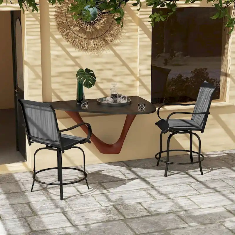 Tabourets de bar d'extérieur avec accoudoirs, lot de 2 chaises de patio pivotantes à 360° à hauteur de bar avec tissu maillé haute densité, chaises de salle à manger en acier