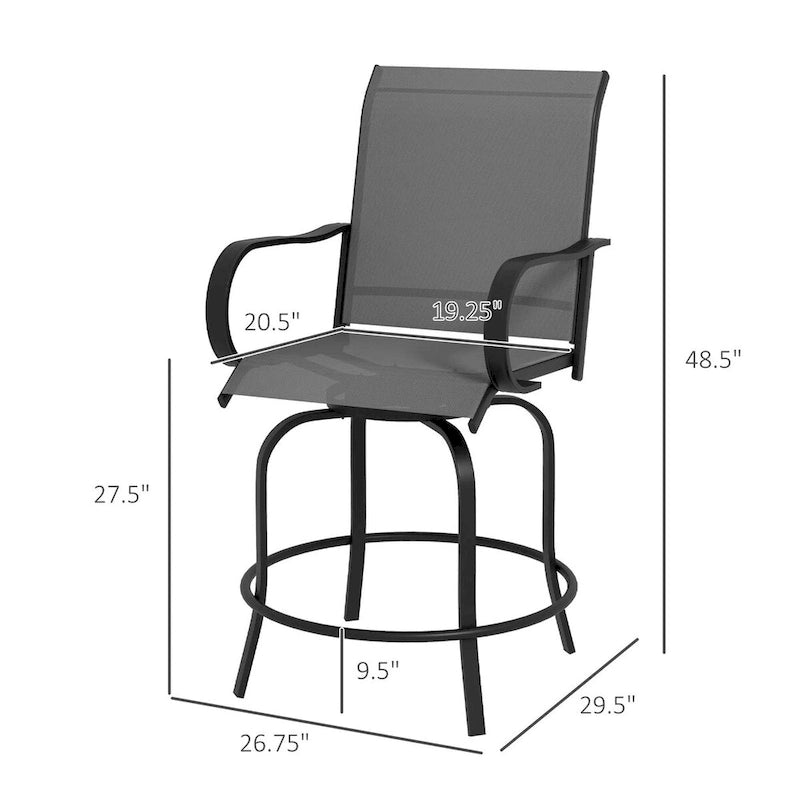 Tabourets de bar d'extérieur avec accoudoirs, lot de 2 chaises de patio pivotantes à 360° à hauteur de bar avec tissu maillé haute densité, chaises de salle à manger en acier