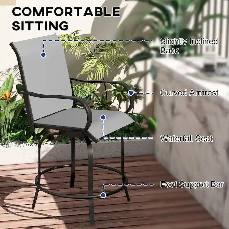 Tabourets de bar d'extérieur avec accoudoirs, lot de 2 chaises de patio pivotantes à 360° à hauteur de bar avec tissu maillé haute densité, chaises de salle à manger en acier