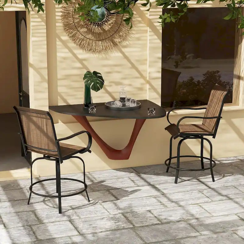 Tabourets de bar d'extérieur avec accoudoirs, lot de 2 chaises de patio pivotantes à 360° à hauteur de bar avec tissu maillé haute densité, chaises de salle à manger en acier