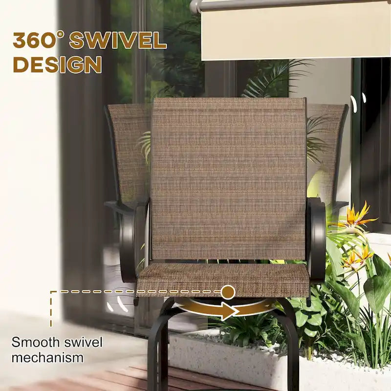 Tabourets de bar d'extérieur avec accoudoirs, lot de 2 chaises de patio pivotantes à 360° à hauteur de bar avec tissu maillé haute densité, chaises de salle à manger en acier