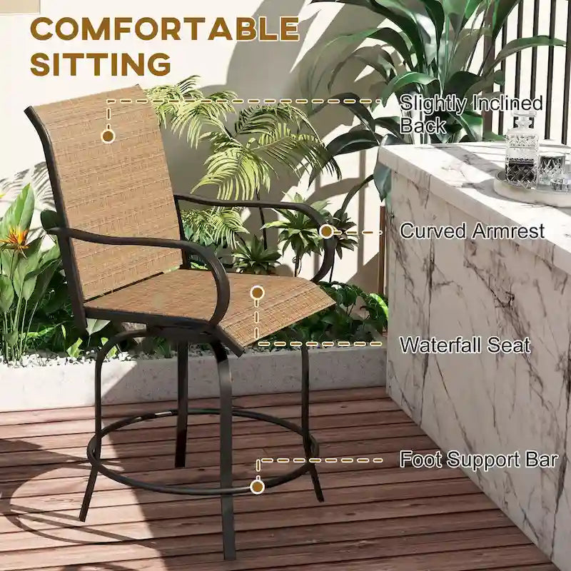 Tabourets de bar d'extérieur avec accoudoirs, lot de 2 chaises de patio pivotantes à 360° à hauteur de bar avec tissu maillé haute densité, chaises de salle à manger en acier