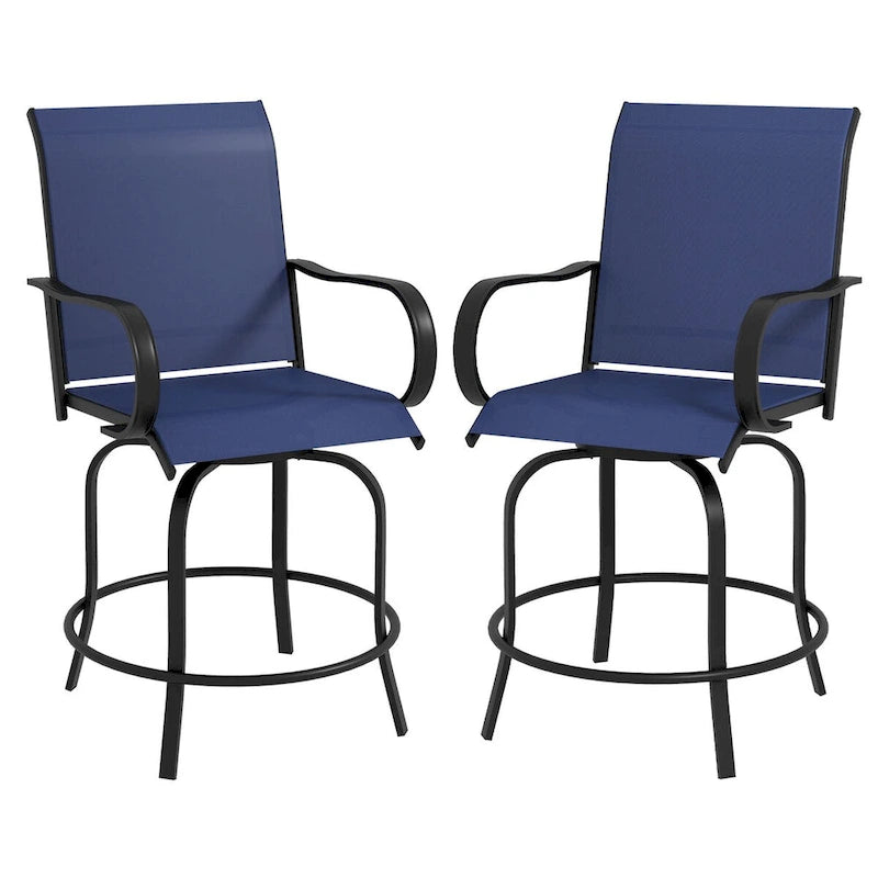 Tabourets de bar d'extérieur avec accoudoirs, lot de 2 chaises de patio pivotantes à 360° à hauteur de bar avec tissu maillé haute densité, chaises de salle à manger en acier