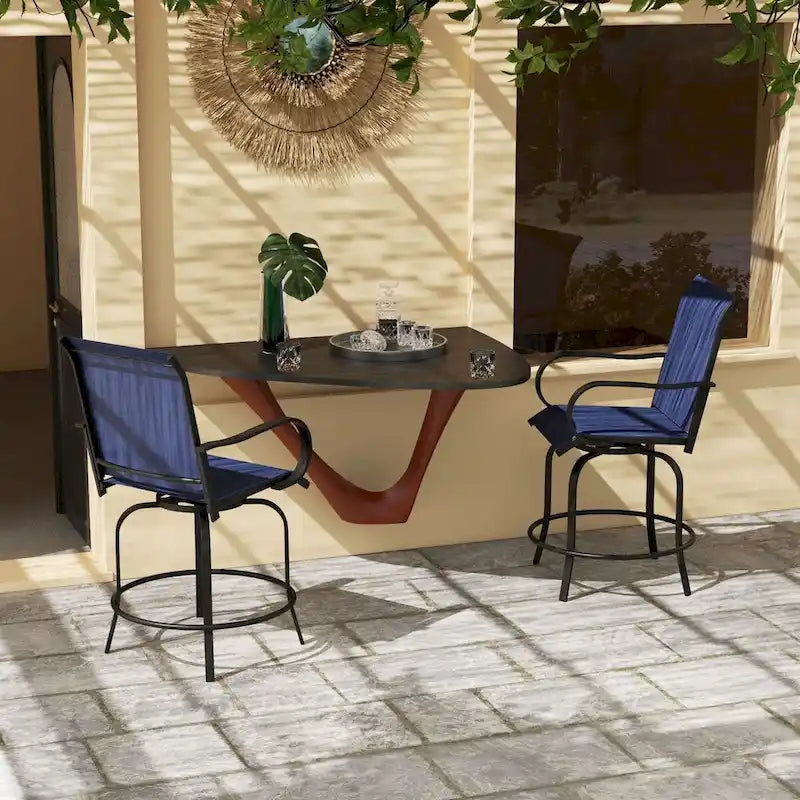 Tabourets de bar d'extérieur avec accoudoirs, lot de 2 chaises de patio pivotantes à 360° à hauteur de bar avec tissu maillé haute densité, chaises de salle à manger en acier