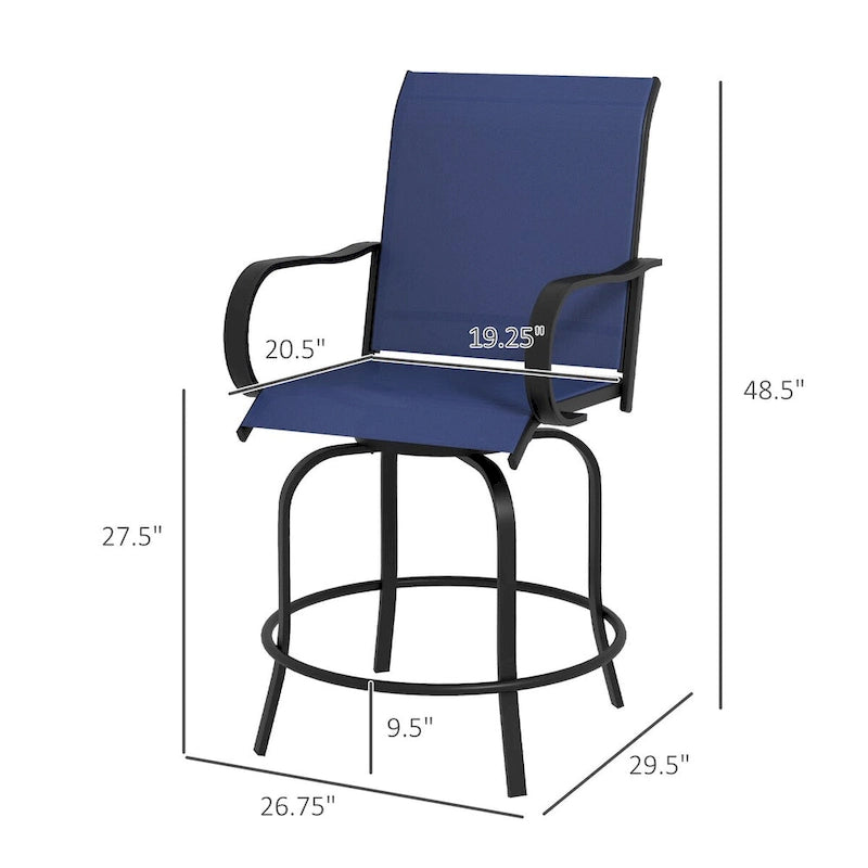 Tabourets de bar d'extérieur avec accoudoirs, lot de 2 chaises de patio pivotantes à 360° à hauteur de bar avec tissu maillé haute densité, chaises de salle à manger en acier