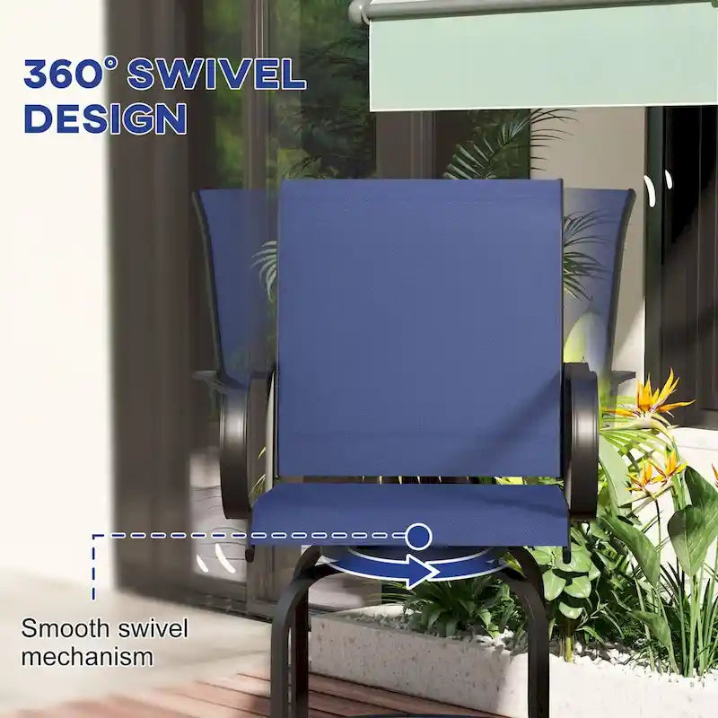 Tabourets de bar d'extérieur avec accoudoirs, lot de 2 chaises de patio pivotantes à 360° à hauteur de bar avec tissu maillé haute densité, chaises de salle à manger en acier