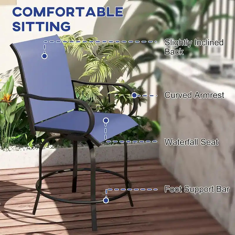Tabourets de bar d'extérieur avec accoudoirs, lot de 2 chaises de patio pivotantes à 360° à hauteur de bar avec tissu maillé haute densité, chaises de salle à manger en acier