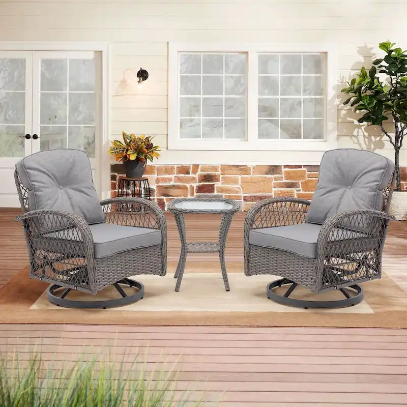 Ensemble de 3 chaises de jardin pivotantes et basculantes d'extérieur, ensemble de conversation de terrasse à 360 degrés