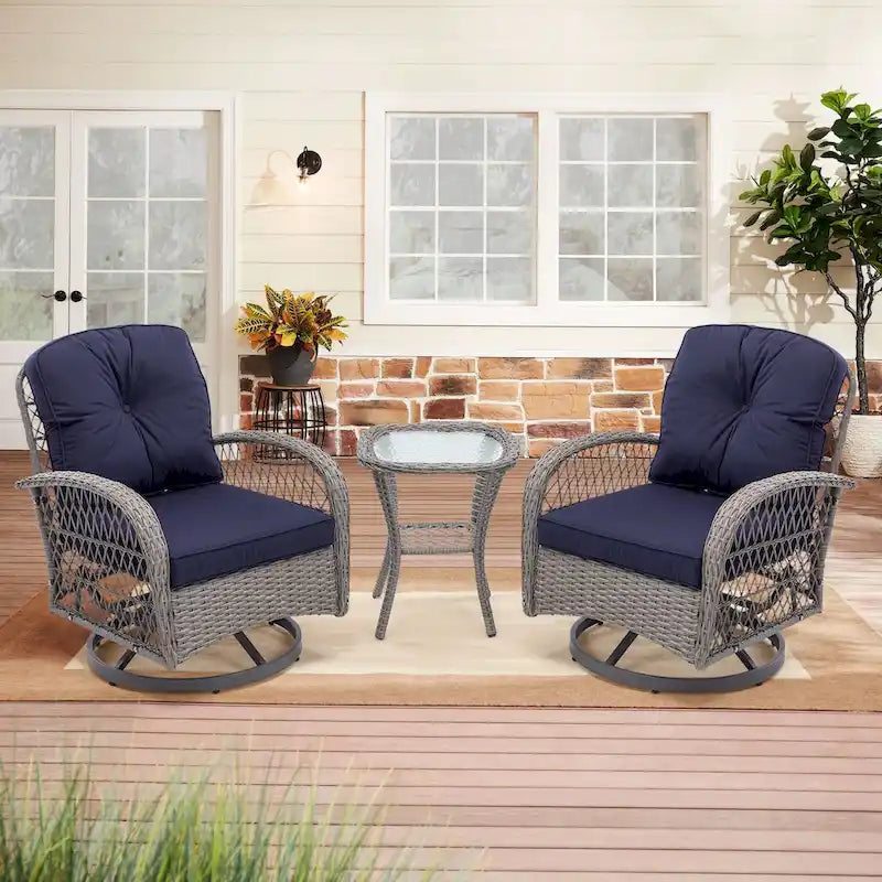 Ensemble de 3 chaises de jardin pivotantes et basculantes d'extérieur, ensemble de conversation de terrasse à 360 degrés