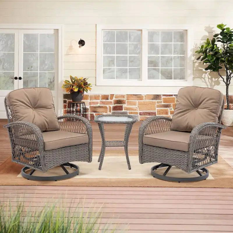 Ensemble de 3 chaises de jardin pivotantes et basculantes d'extérieur, ensemble de conversation de terrasse à 360 degrés