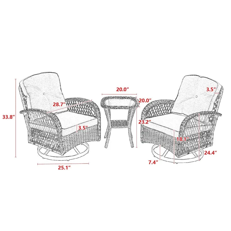 Ensemble de 3 chaises de jardin pivotantes et basculantes d'extérieur, ensemble de conversation de terrasse à 360 degrés