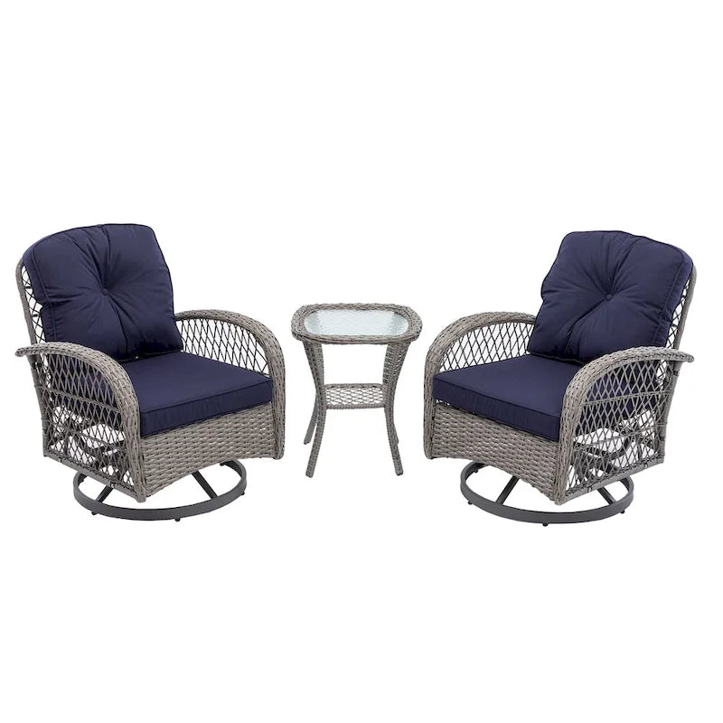 Ensemble de 3 chaises de jardin pivotantes et basculantes d'extérieur, ensemble de conversation de terrasse à 360 degrés