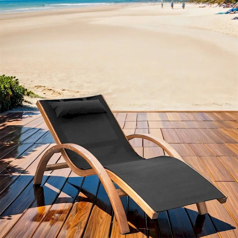 Outdoor Curved Design Wood Lounge Chair with Pillow & Breathable Mesh