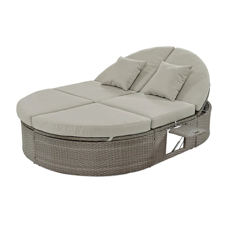 Outdoor Rattan Reclining Day Bed with Foldable Cup Trays for Lawn